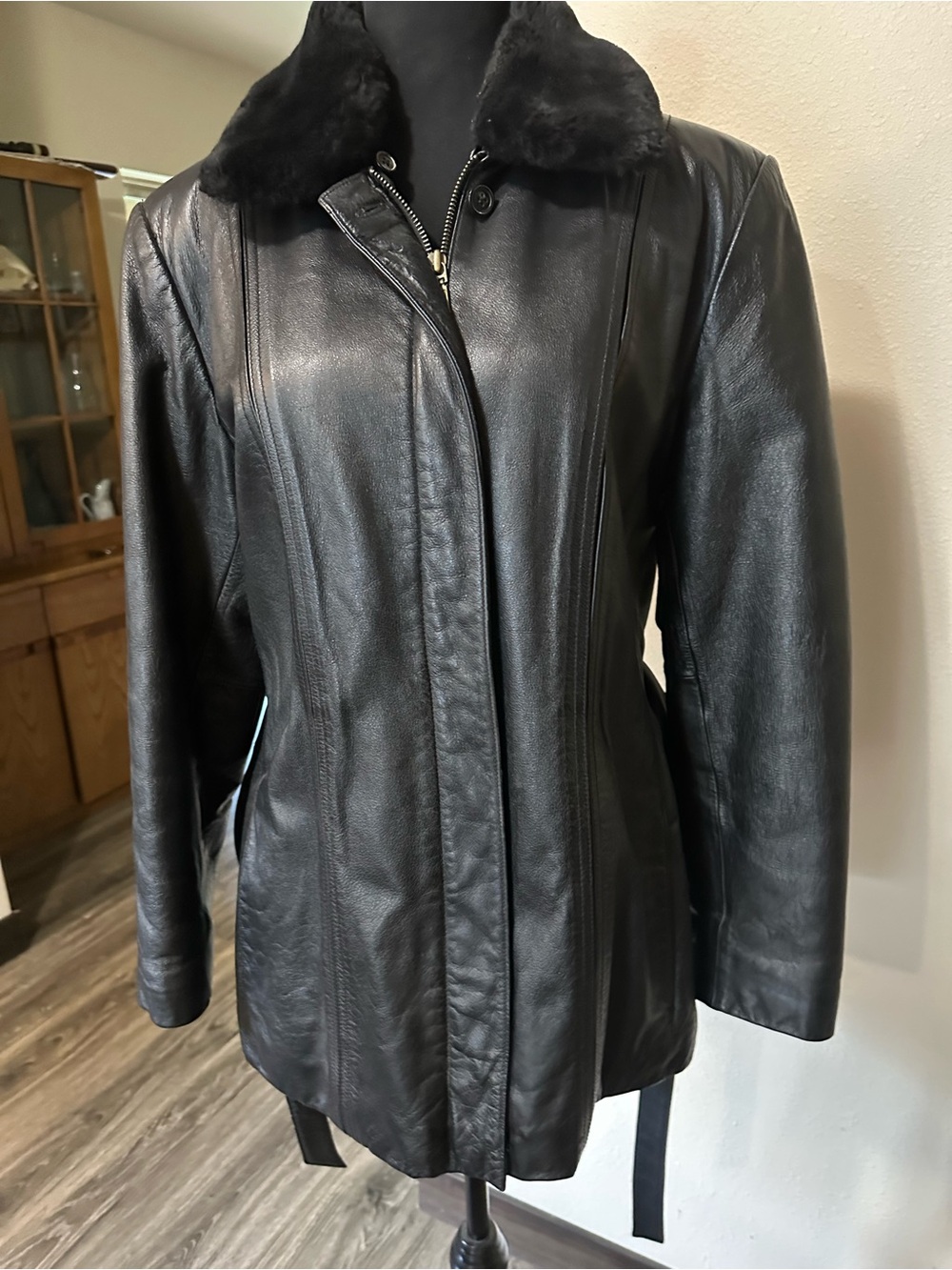 Women’s Black Leather Coat with Faux Fur Collar